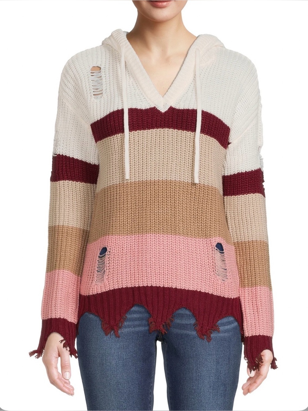 No Boundaries Thrashed Colorblock Knit Sweater Hoodie Distressed Striped XL